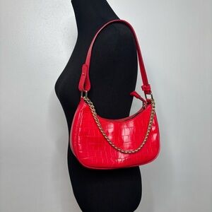 Anna Paola Red Croc Embossed Leather Shoulder Bag Gold Chain Y2K